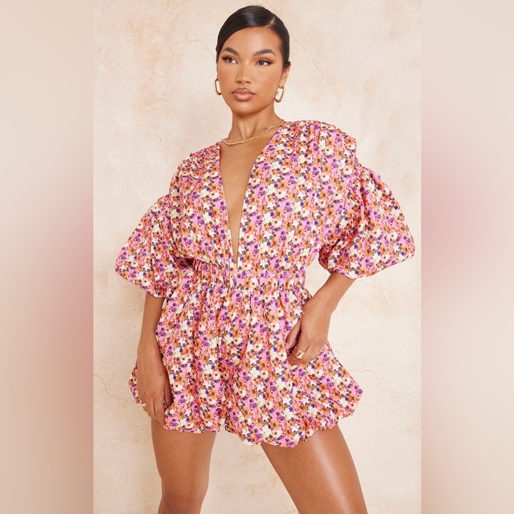 Multi Floral Print Plung Puffball Hem Romper